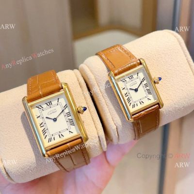 New Cartier Must de Cartier Tank Vermeil Watches Ginger Leather Strap